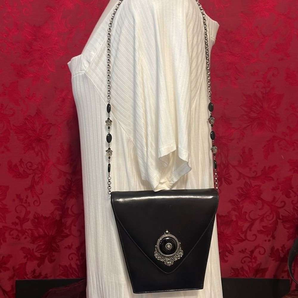 Todd Anthony Leather Saddle Bag‎ Black Onyx Metal Embellishment Beaded Chain.